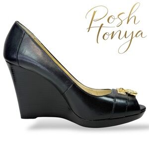 Michael Kors Hamilton Leather Wedge Peep Toe Black Size 8.5 Workleisure